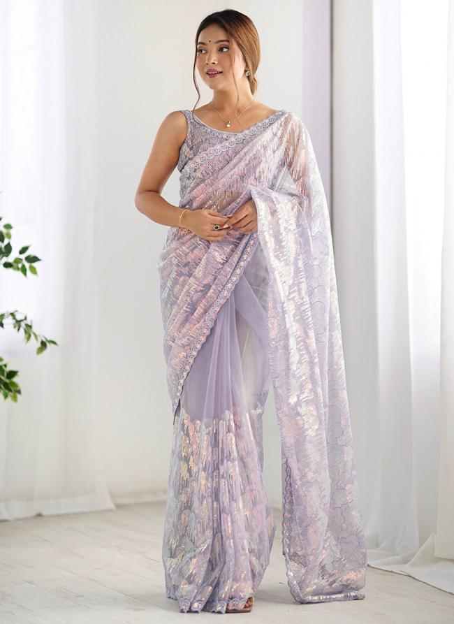 Mono Net Lavender Party Wear Sequins Work Saree